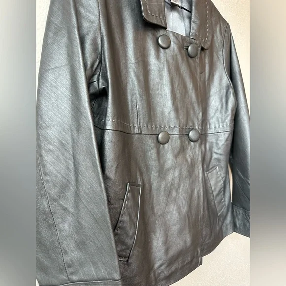 Chico’s Silver Shimmer Leather Collared Short Peacoat Jacket Coat Size 2 - Picture 4 of 9